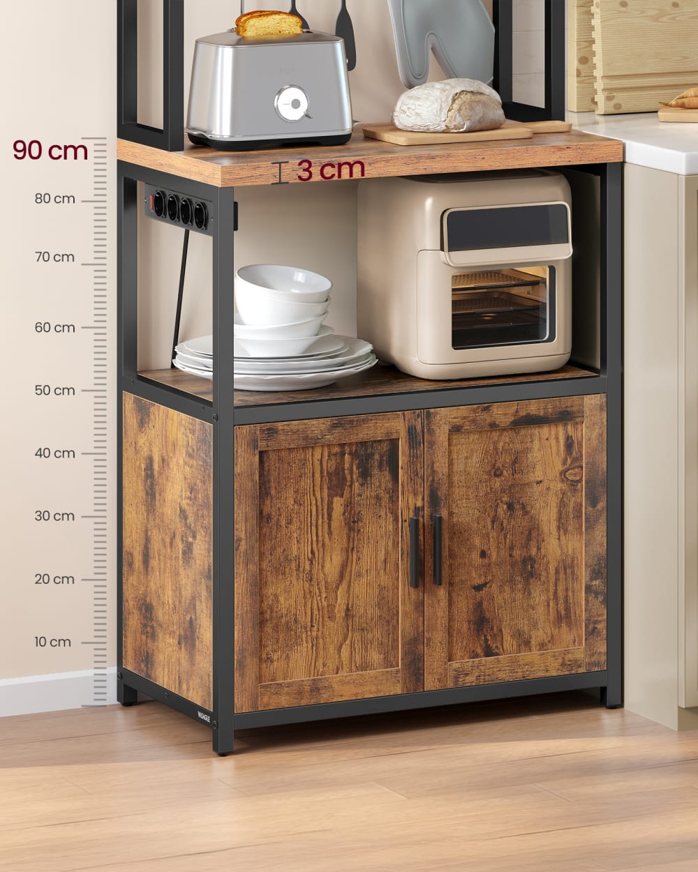 Étagère de cuisine avec multiprise 40 x 60 x 170 cm marron et noir