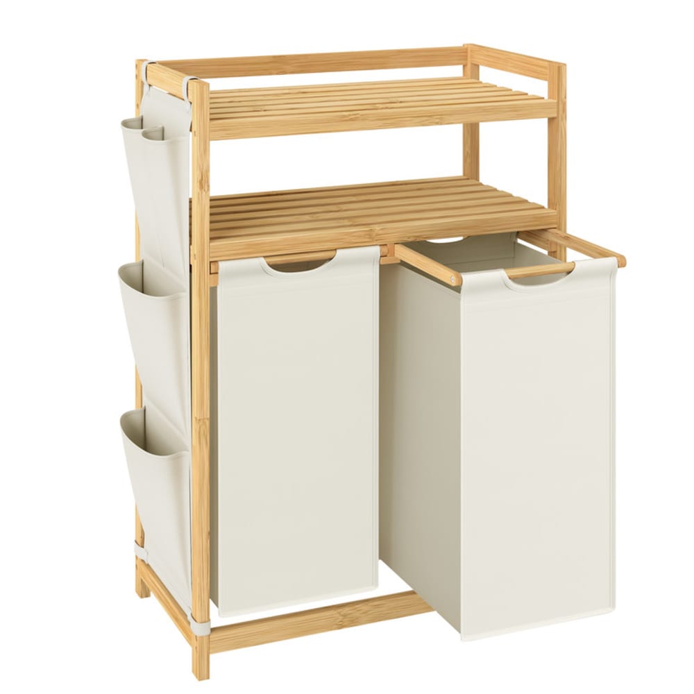 Panier à linge avec 2 compartiments en bambou 2 x 50 l blanc crème