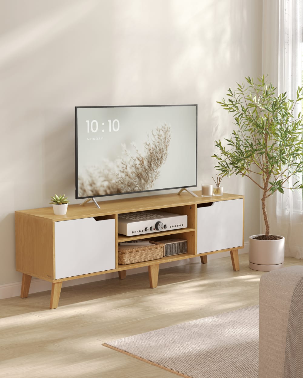 Meuble tv étagère réglable pour télévision jusqu'à 65 pouces chêne