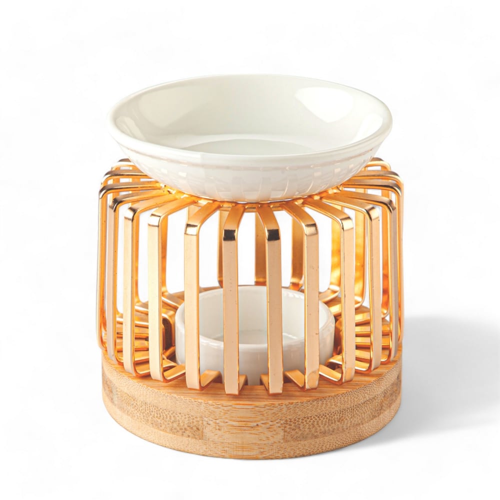 Brûle parfum en céramique, bois et métal doré et blanc - H10cm Brûle parfum en céramique, bois et métal doré et blanc - H10cm