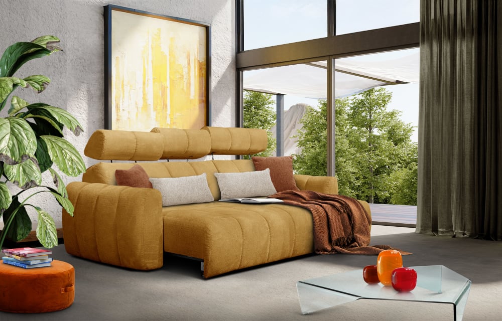 Canapé d'angle droit 3 places, assise coulissante; jaune moutarde