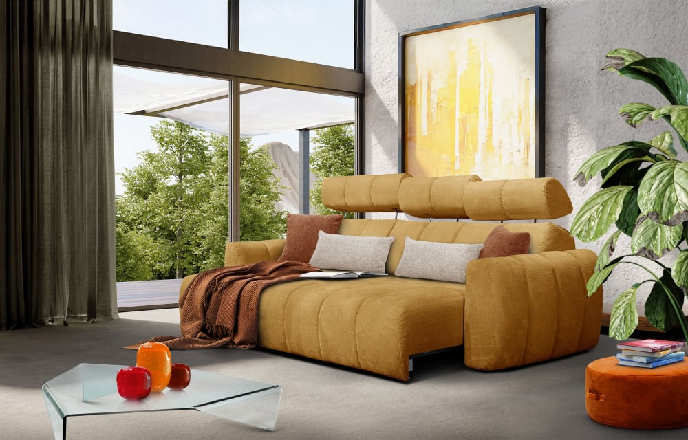 Canapé d'angle gauche 3 places, assise coulissante; jaune moutarde