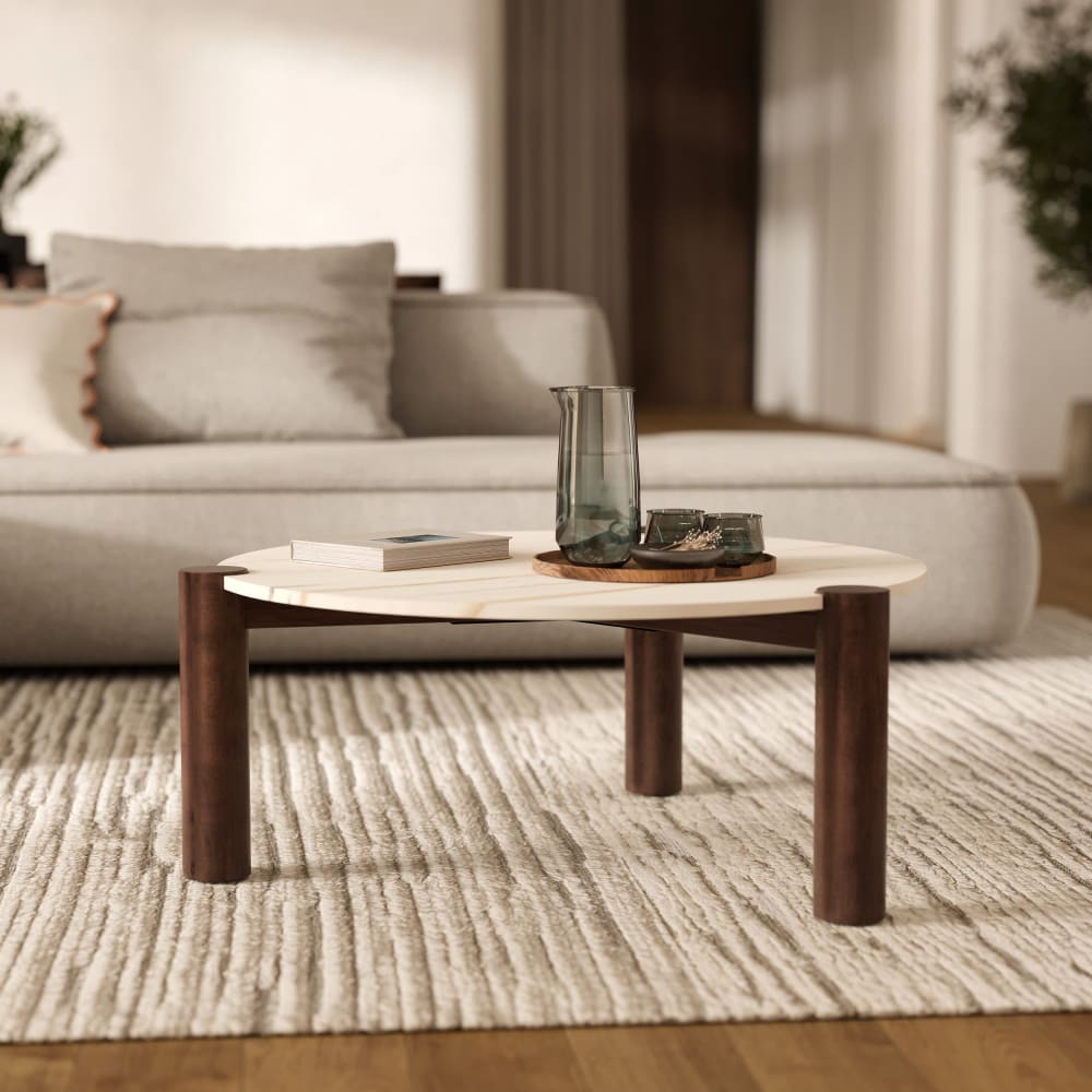 Table basse ronde en marbre et bois de manguier D86 cm