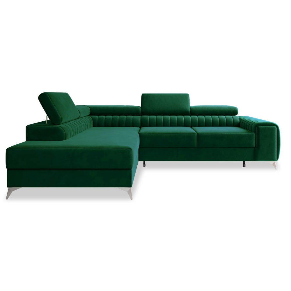 Canapé d'angle gauche convertible 6 places en velours vert