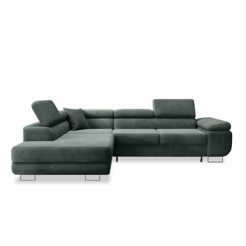 Canapé d'angle gauche convertible 6 places en velours côtelé vert