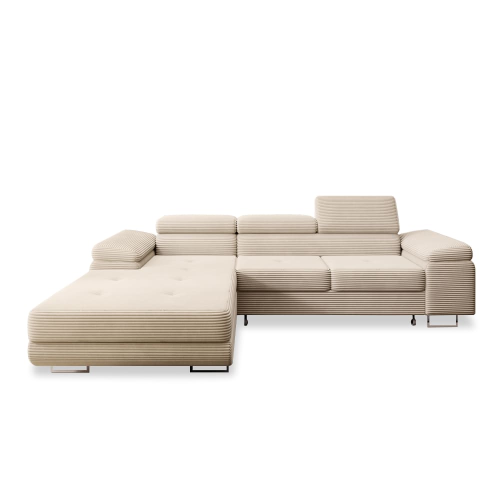 Canapé d'angle gauche convertible 6 places en velours côtelé beige