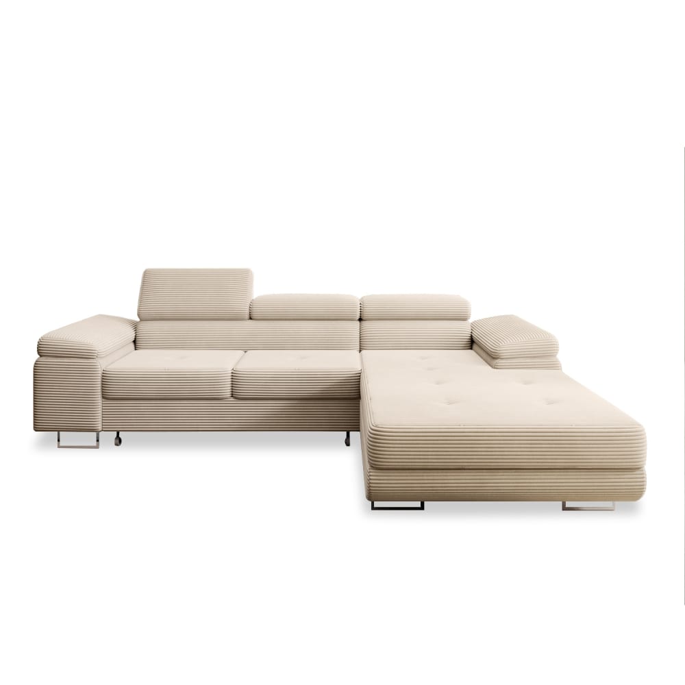Canapé d'angle droit convertible 6 places en velours côtelé beige