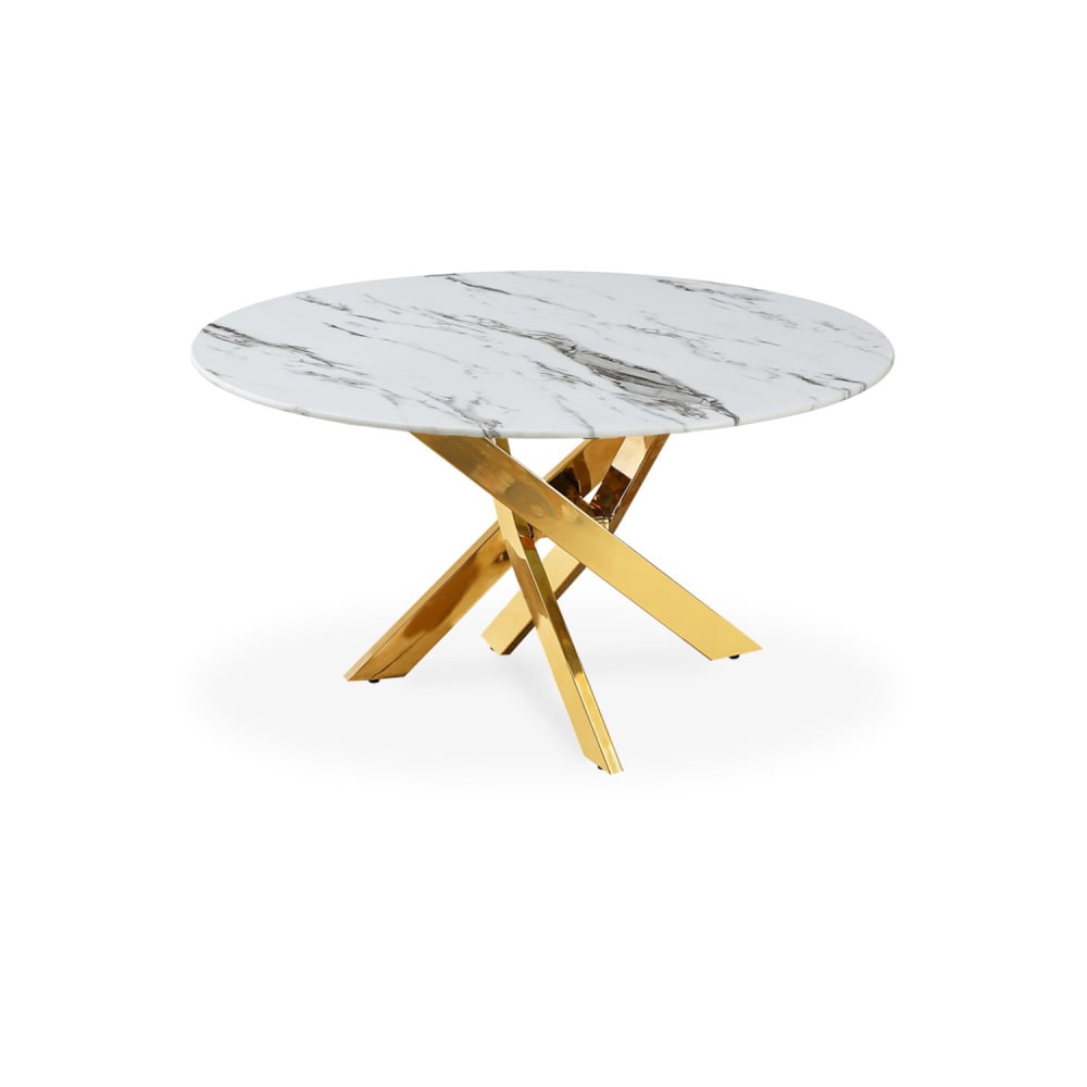 Table basse ronde en verre effet marbre et pieds doré