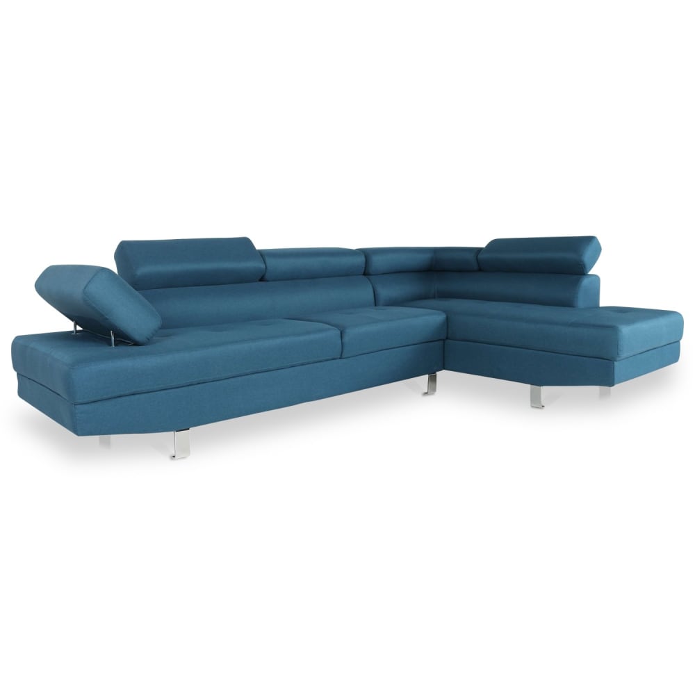 Canapé d'angle droit têtières relevables 5 places tissu bleu canard