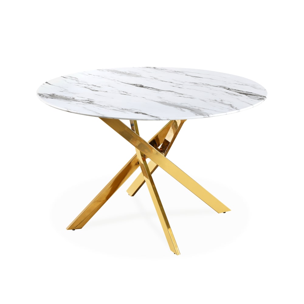 Table ronde en verre effet marbre et pieds doré 4 personnes