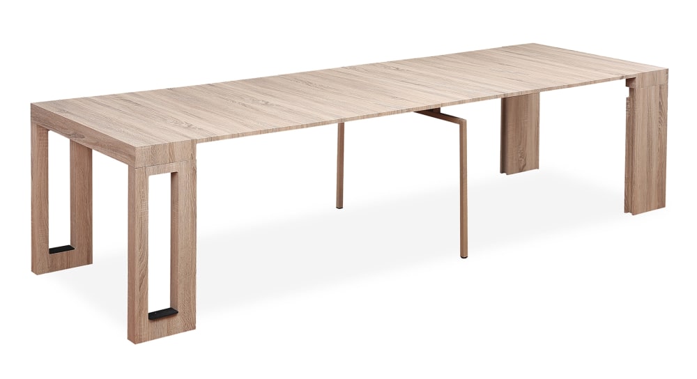 Table console extensible imitation chêne clair 12 personnes