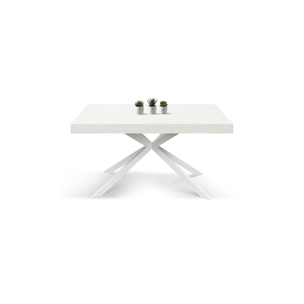 Holztisch, weiß lackiert, weißes X-Fußgestell, 180×90–260×90 cm -