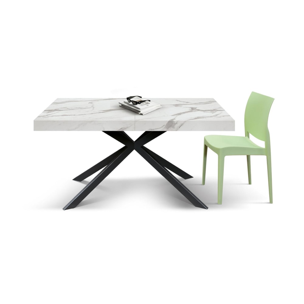 Weißer Holztisch, schwarze X-Beine, ausziehbar, 140 x 90 – 220 x