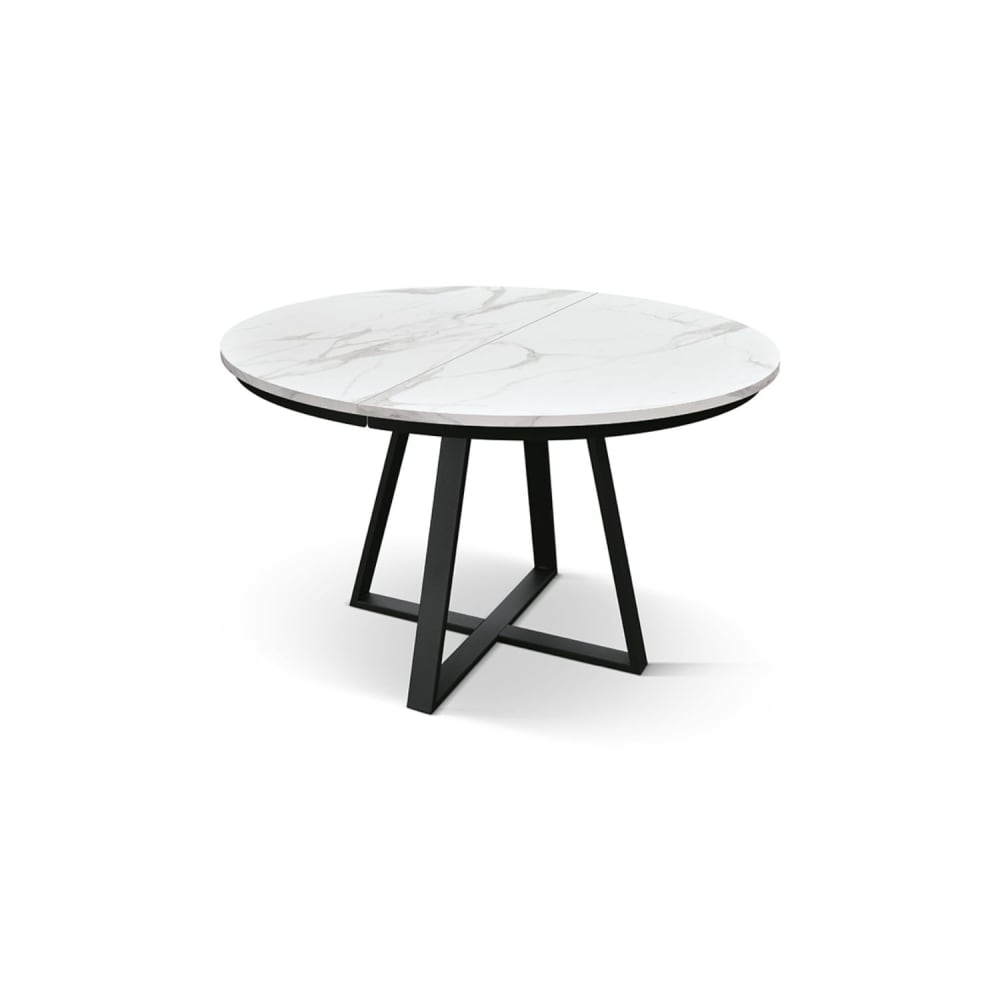 Table ronde en bois blanc et pieds noirs, Ø120xH75,3-170x120x75,3