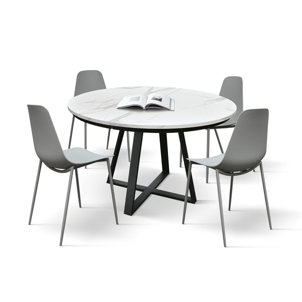 Runder Tisch weißes Holz & schwarze Beine, ausziehbar 120–170,
