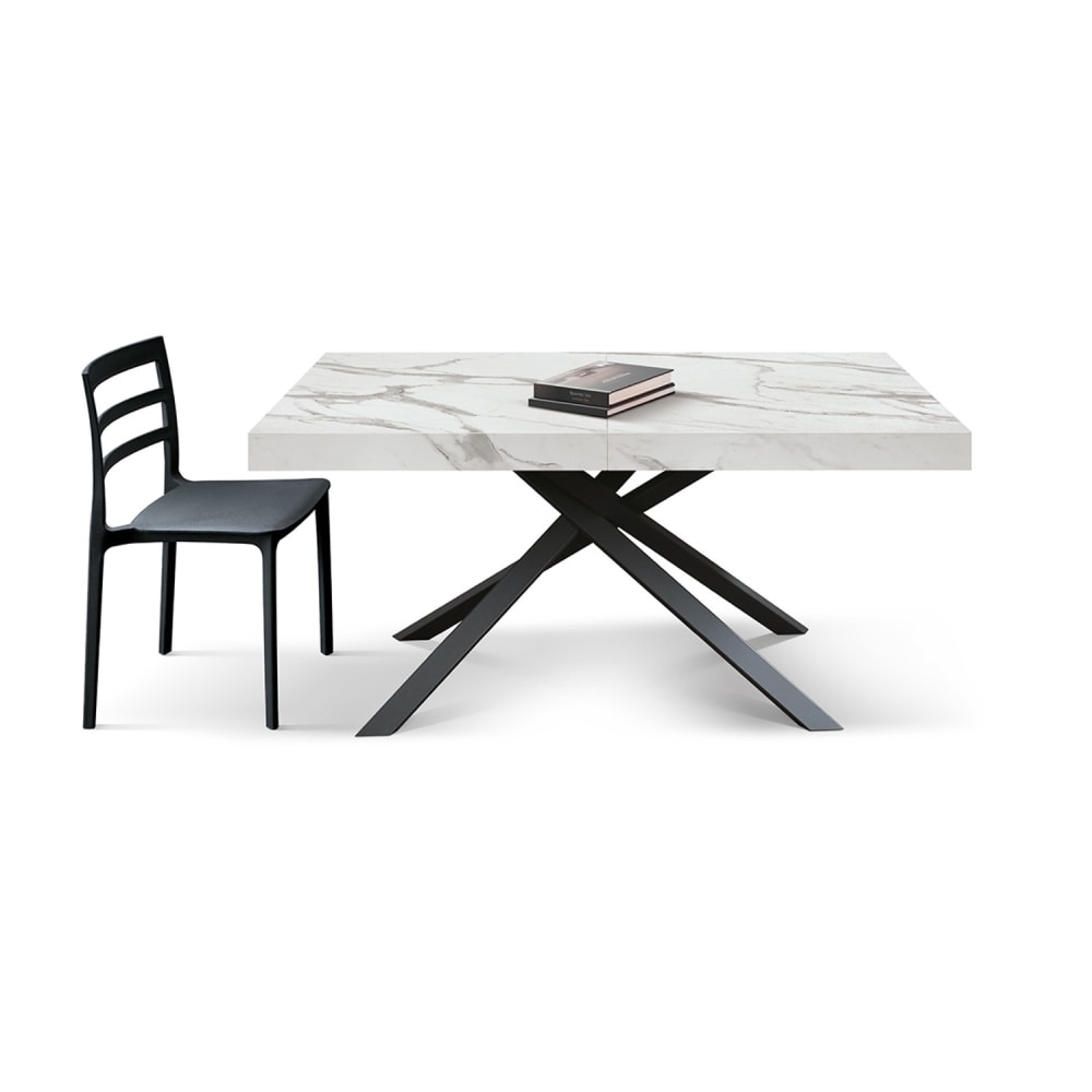 Weißer Holztisch, schwarzes Gestell, ausziehbar, 140 x 90 – 220 x