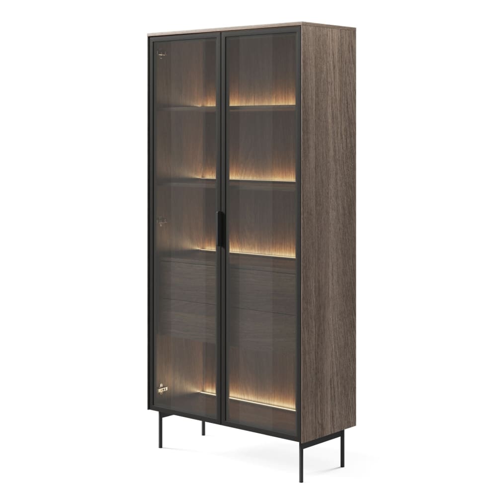 Vitrine avec 2 tiroirs et éclairage led, aspect chêne foncé, 91 cm
