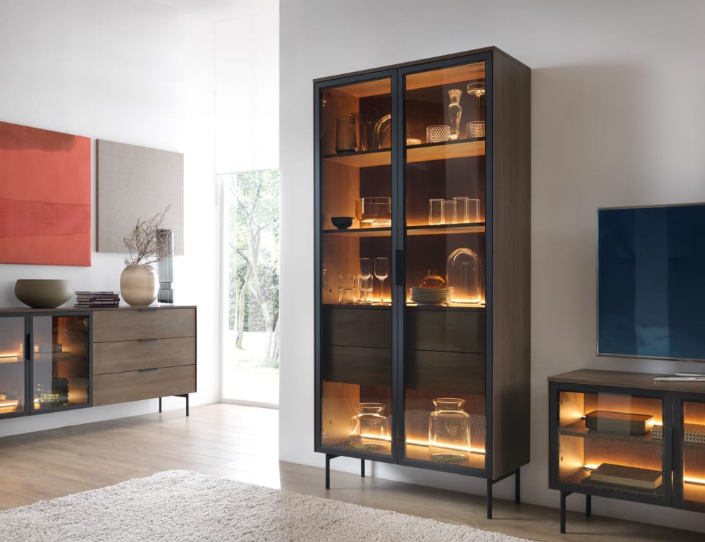 Vitrine avec 2 tiroirs et éclairage led, aspect chêne foncé, 91 cm