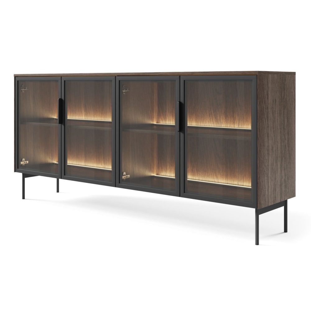 Buffet 4 portes avec éclairage led, aspect chêne foncé, 181 cm