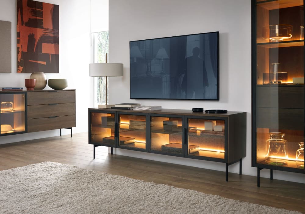 TV-Board mit Glasfronten und LED, Eiche Dunin, 181 cm - Maisons