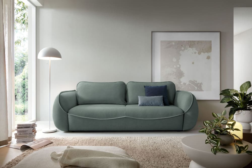 3-Sitzer Sofa mit Schlaffunktion & Stauraum, Velours salbei -