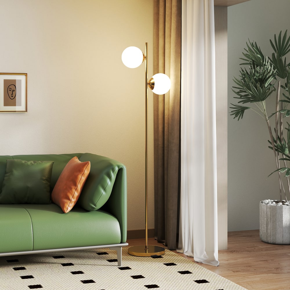 Lampadaire design néo-rétro 2 boules h165 cm métal doré — vue 3