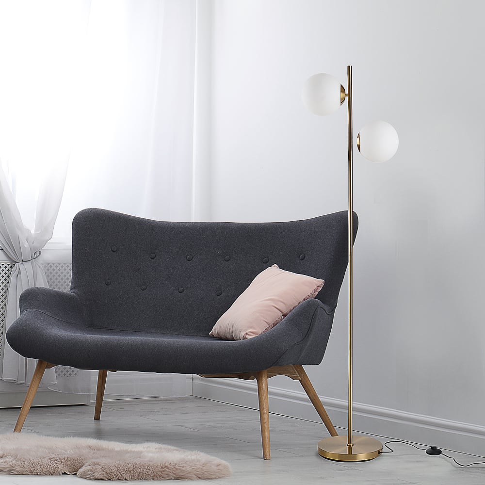 Lampadaire design néo-rétro 2 boules h165 cm métal doré — vue 4