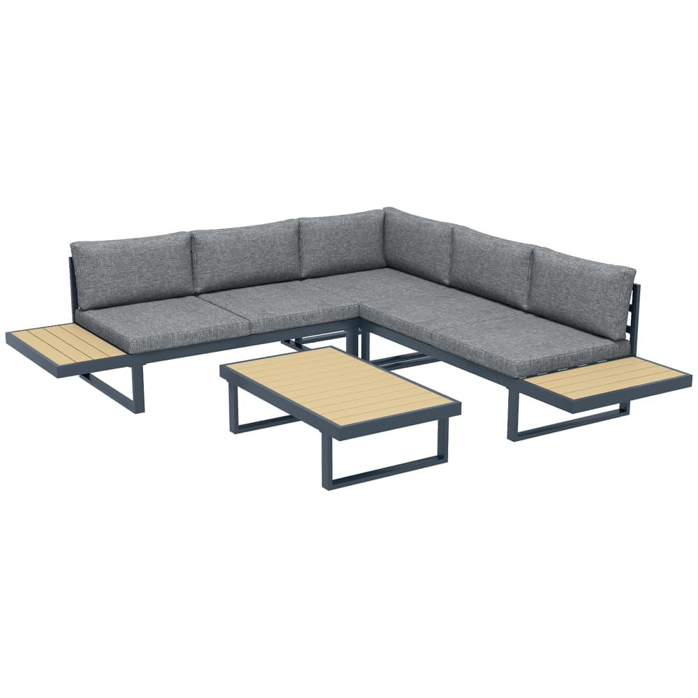 Salon de jardin d'angle 5 places table basse alu gris aspect bois