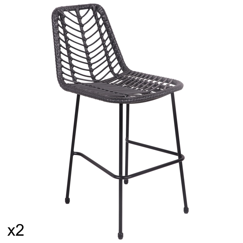 Happy Garden 2er Set Barhocker aus synthetischem Rattan in Schwarz style vintage Schwarz Pvc - Polyvinlychlorid