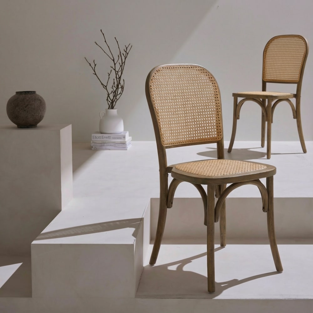 sweeek 2er-Set antikbraune Holzstühle mit Rattan-Geflecht style vintage - Holz