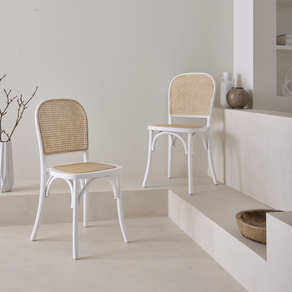 sweeek 2er-Set weiße Holzstühle mit Rattan-Geflecht style vintage - Holz