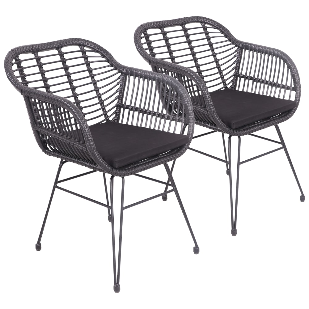 2er Set schwarzen synthetischen Rattansesseln mit Kissen -