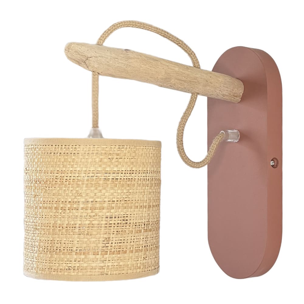 Applique en bois flotté terracotta et abat-jour en fibres tressées H26