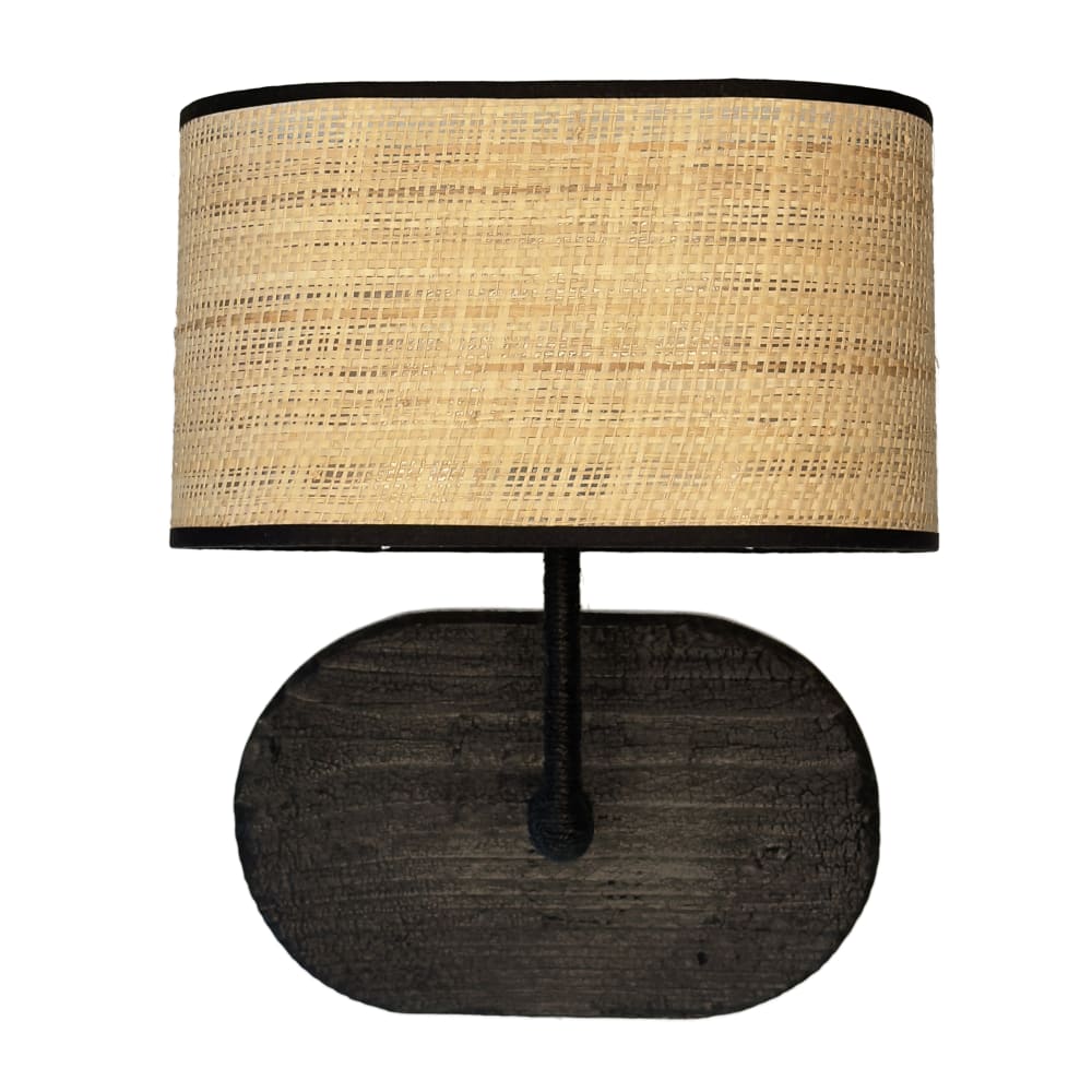 Applique en bois brûlé noir et abat-jour en rotin tressé H37