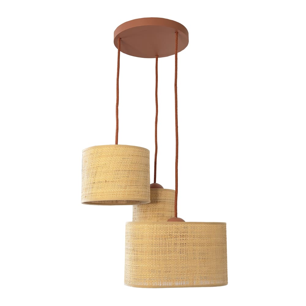 Suspension en bois terracotta et trio d'abat-jour en fibres H70
