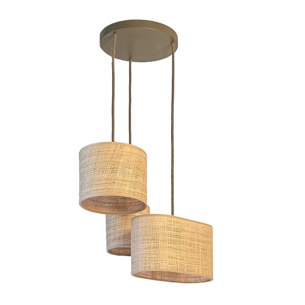 Suspension en bois vert olive et trio d'abat-jour en fibres H70