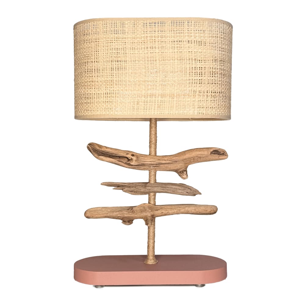 Lampe en bois flotté terracotta et abat-jour en fibres tressées H43