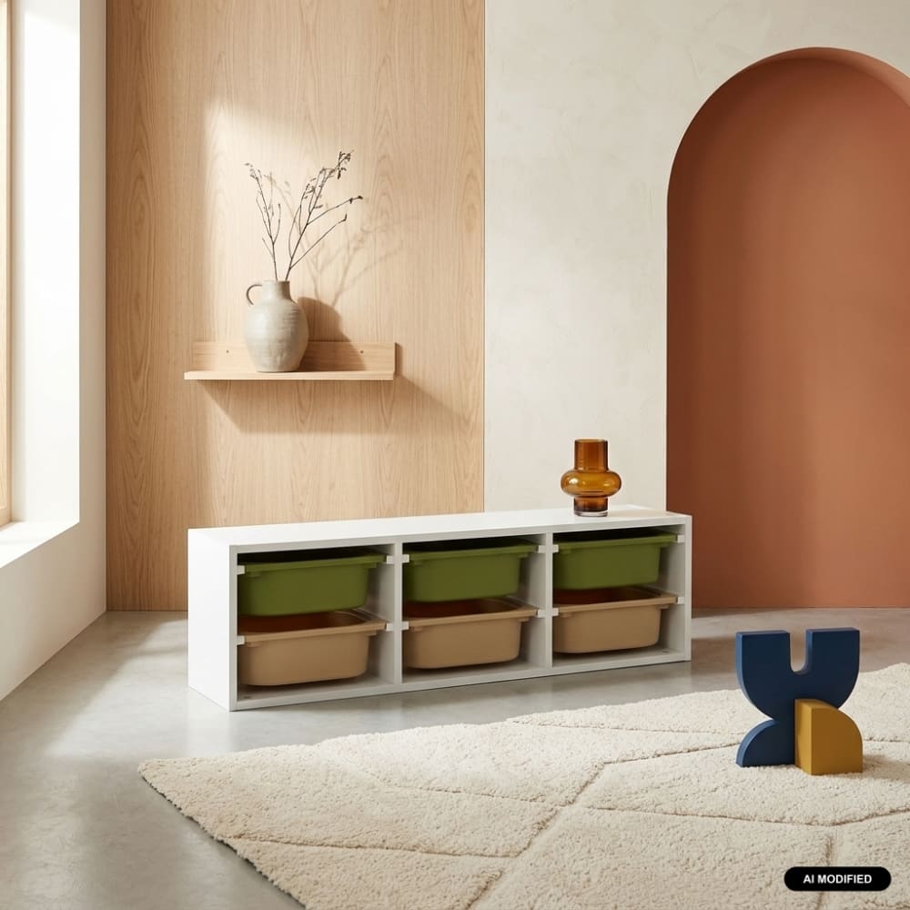 Meuble de rangement pour enfant, 6 bacs en plastique vert olive taupe
