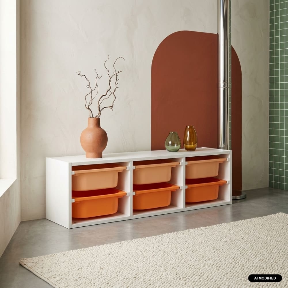 Meuble de rangement pour enfant, 6 bacs en plastique orange pêche