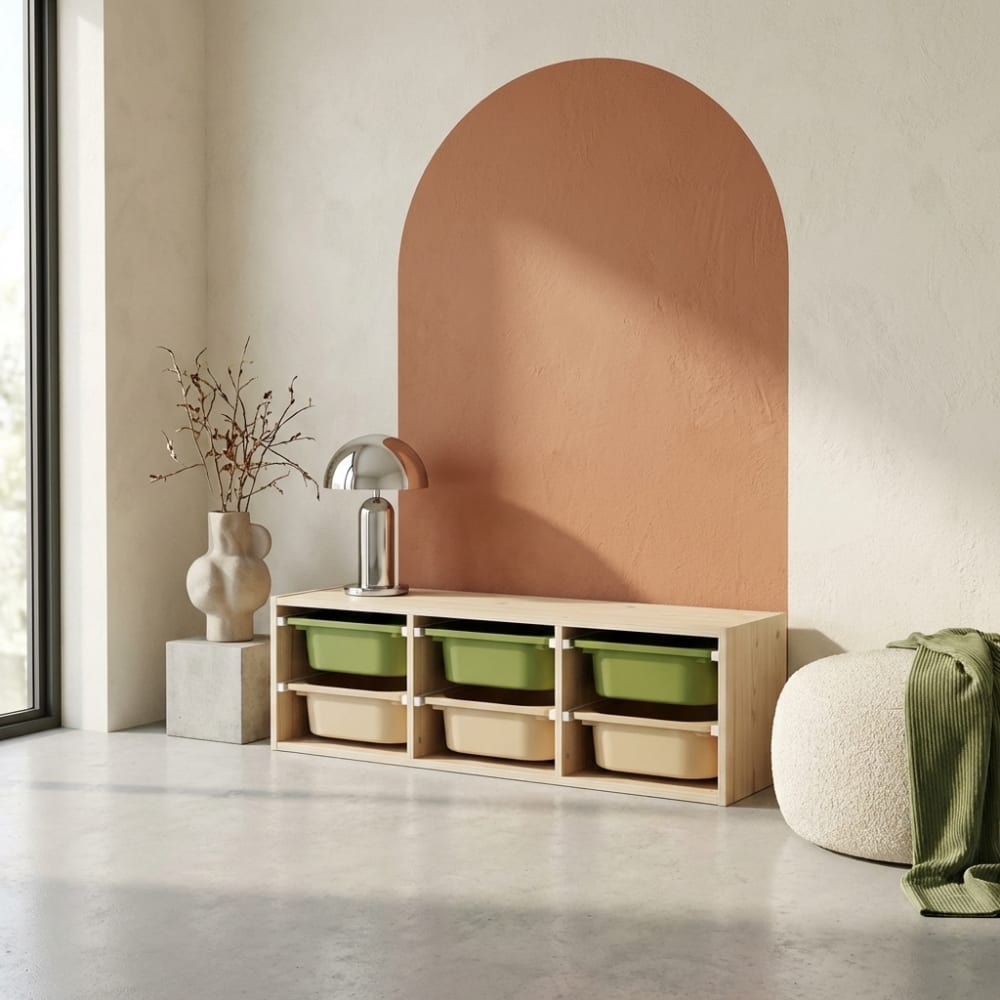 Meuble de rangement naturel pour enfant, 6 bacs en plastique vert