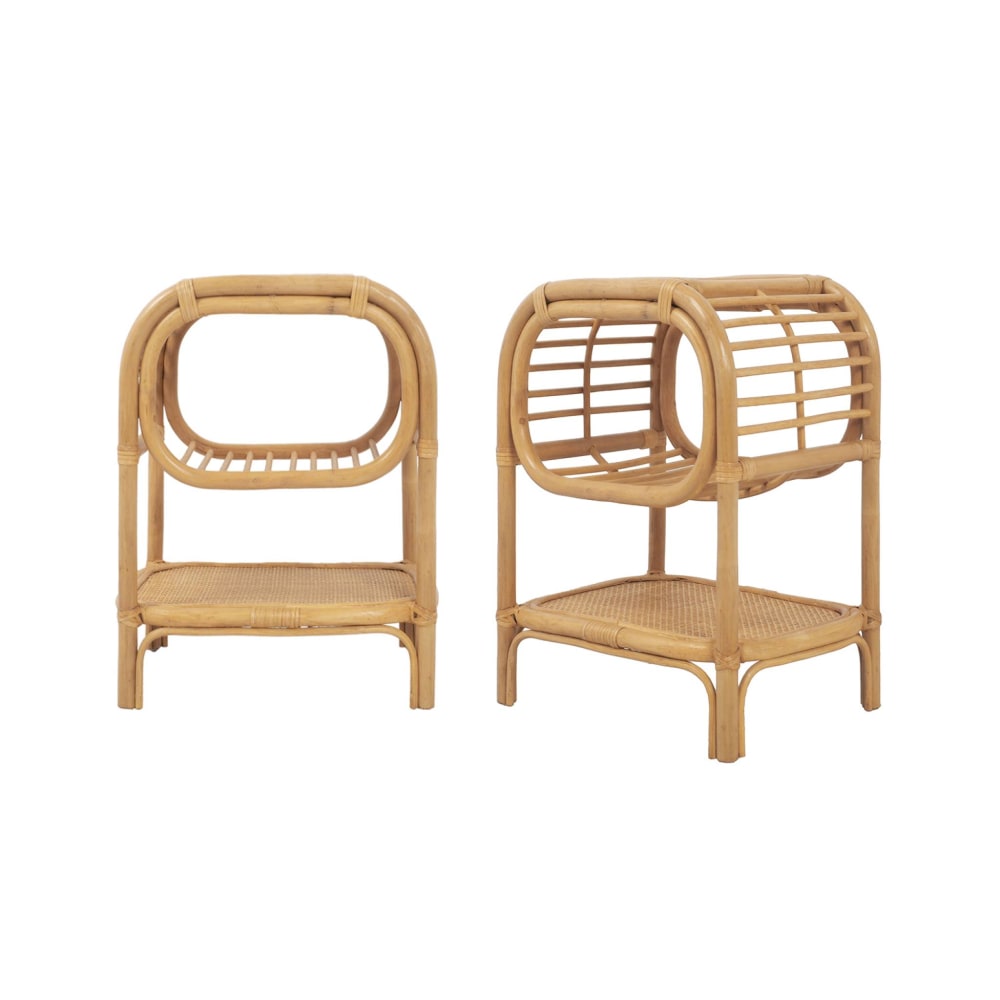 2er-Set Nachttische aus gebogenem Natur-Rattan, 1 Ablage, 1