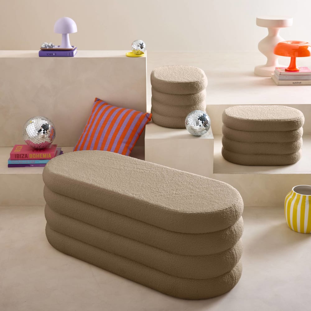 Banc coffre bouclette taupe avec 2 poufs de rangement