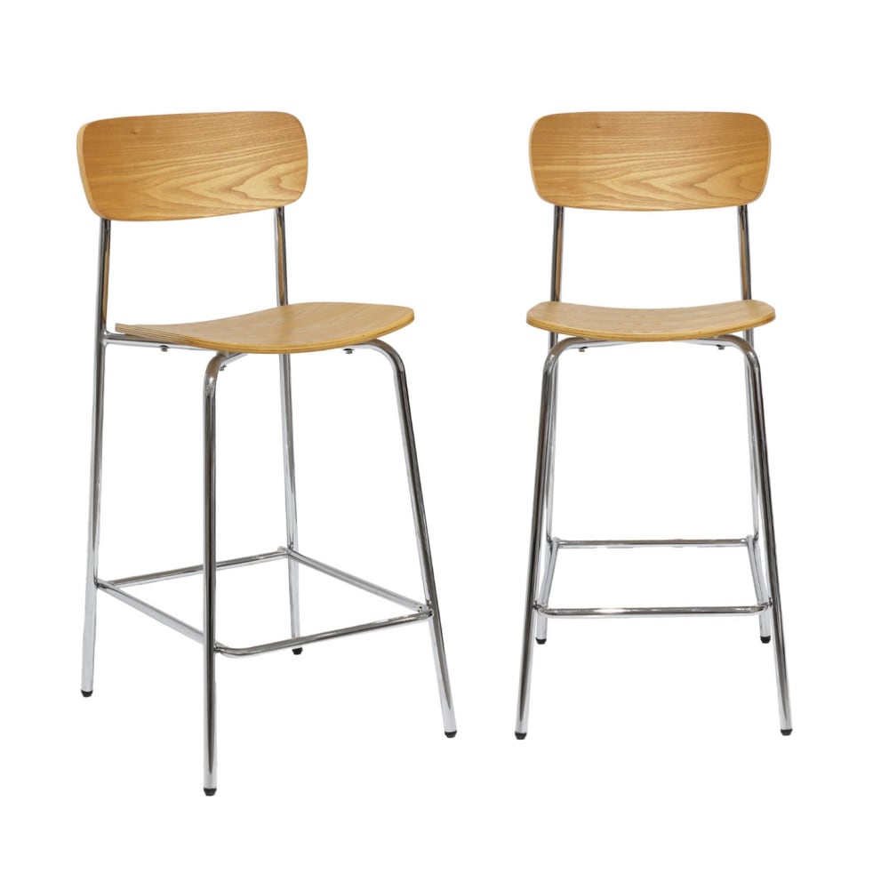 Tabouret de bar vintage effet frêne et pieds métal chromé (lot de 2)