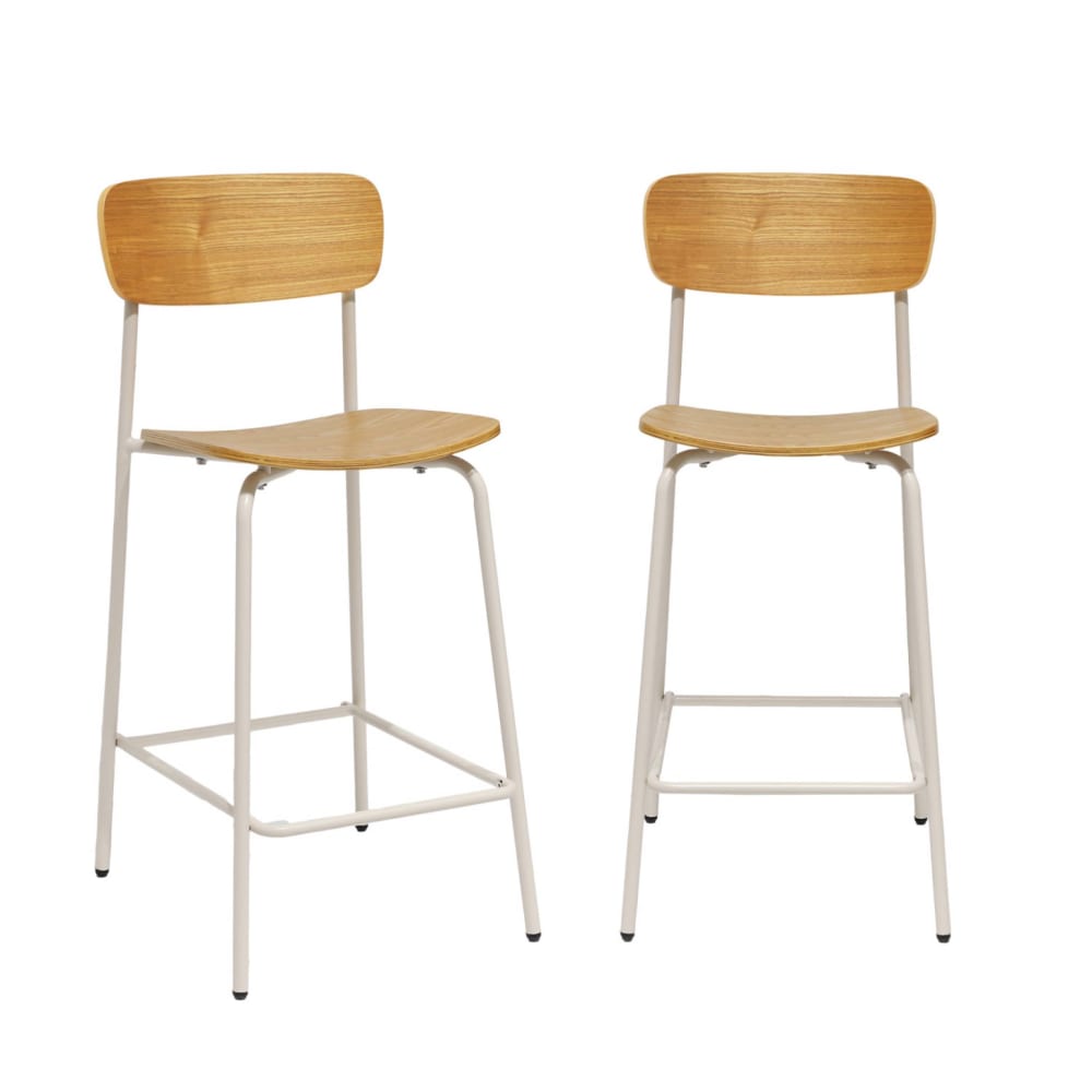 Tabouret de bar vintage effet frêne et pieds métal beige (lot de 2)