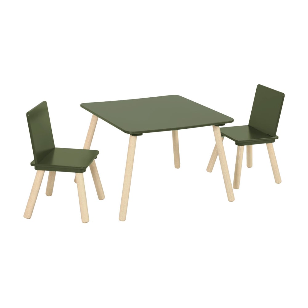 Quadratischer Kindertisch + 2 Stühle, Kiefernholzbeine, olivgrün