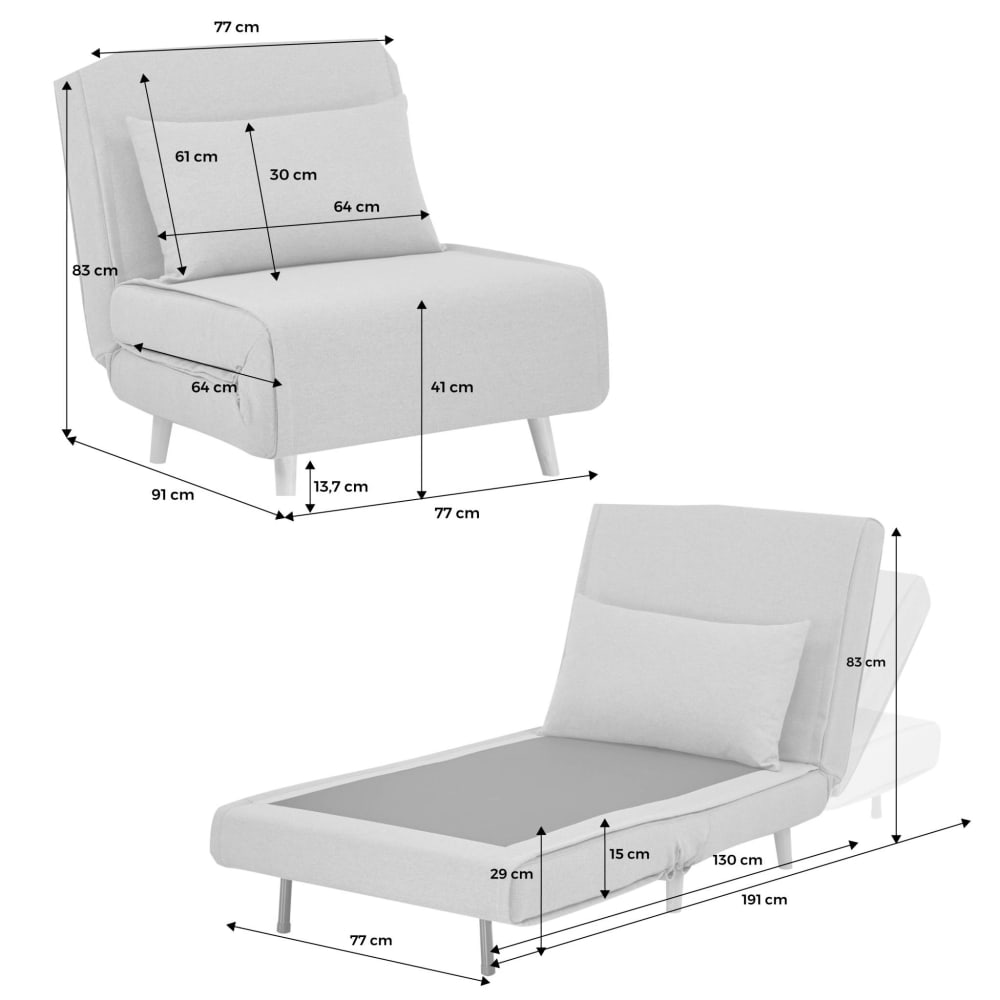 Chauffeuse convertible tissu piétement bois 1 place kaki