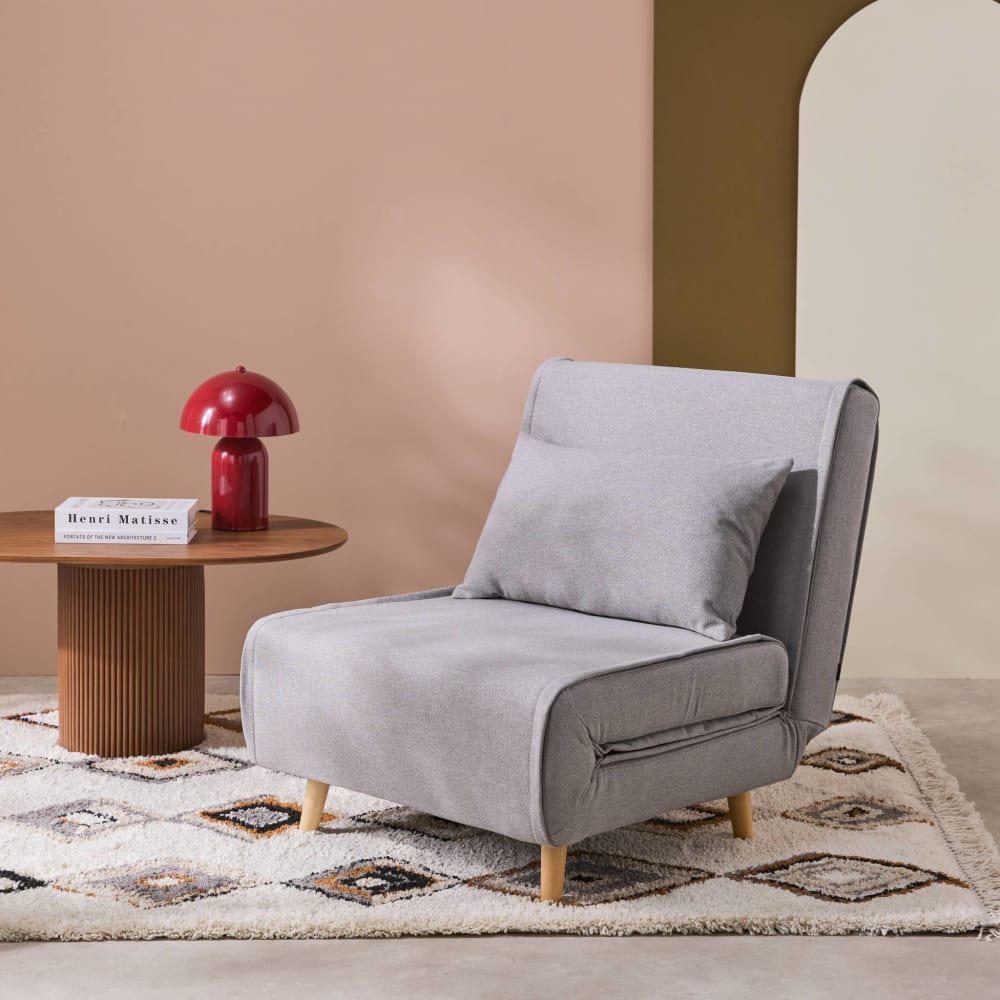 Chauffeuse convertible tissu piétement bois 1 place gris