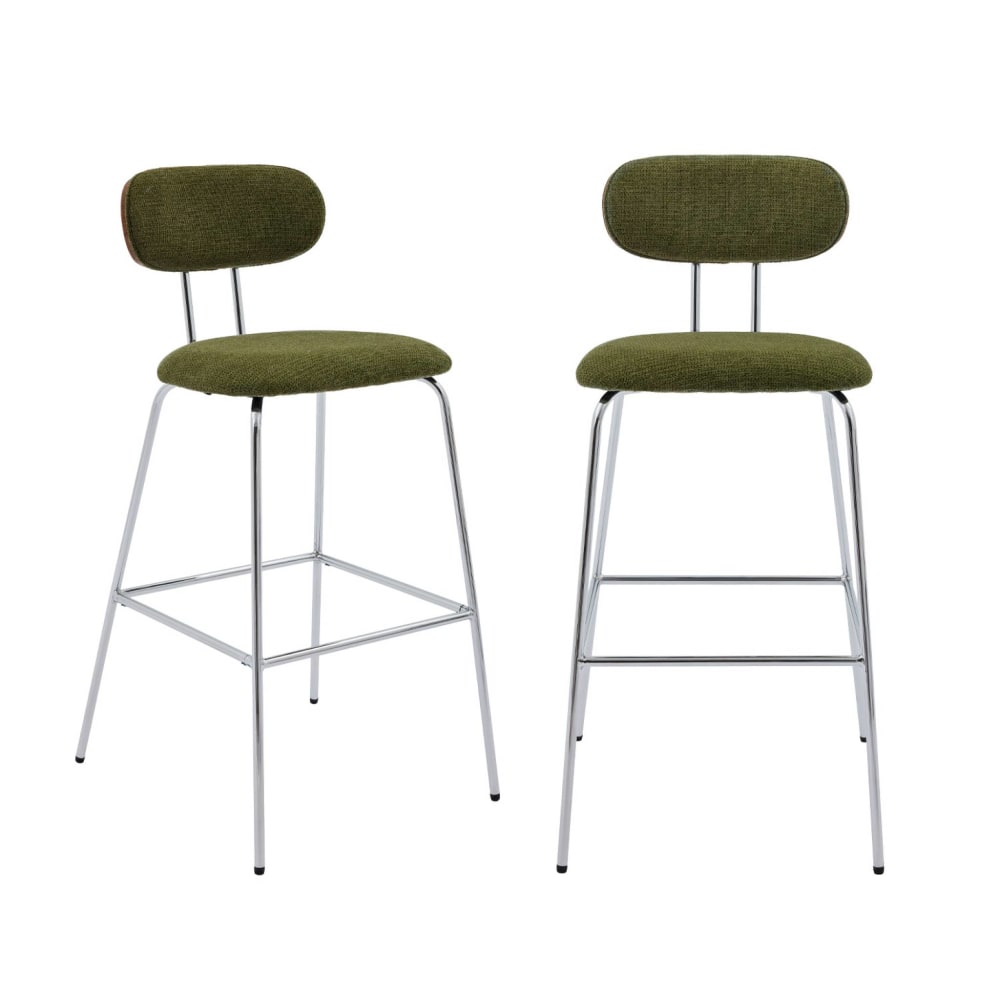 Tabouret de bar décor bois courbé teinté noyer et tissu déperlant kaki
