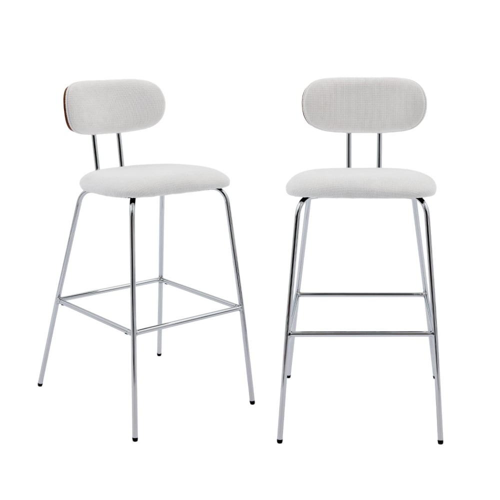 Tabouret de bar décor bois teinté noyer et tissu blanc