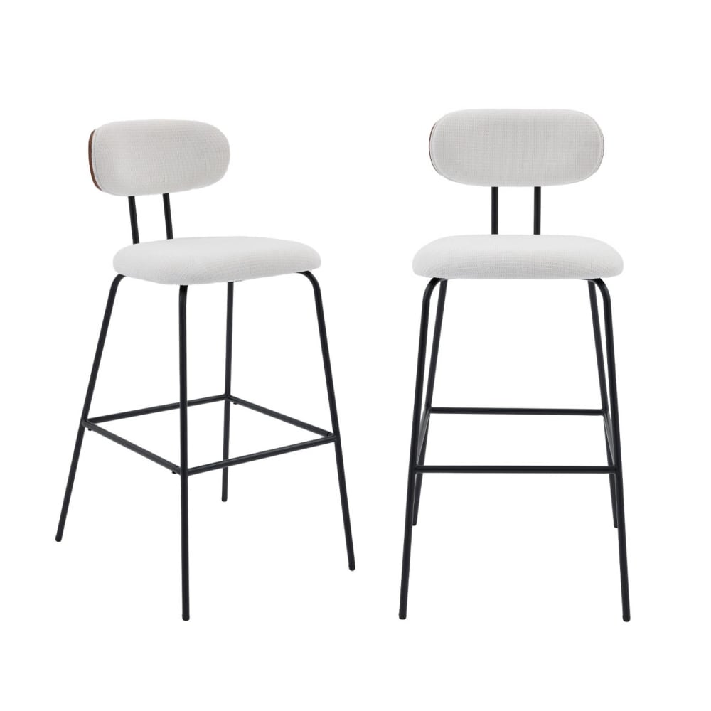 Tabouret de bar décor bois courbé teinté noyer et tissu blanc (lot de